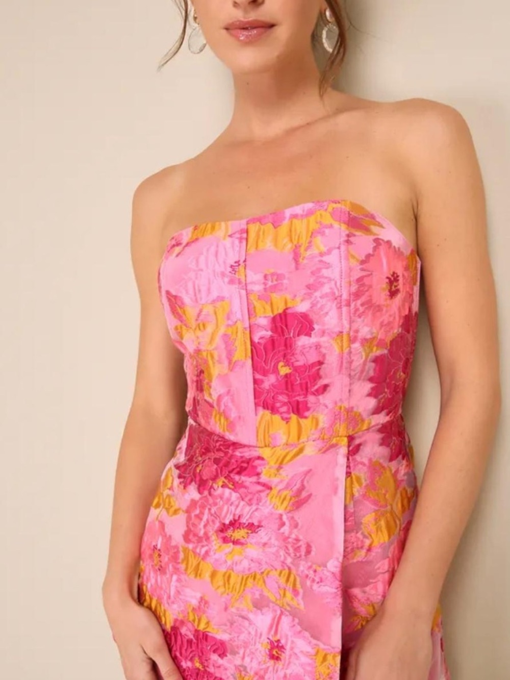 Lulu's Strapless Pink and Yellow Floral Mini Dress